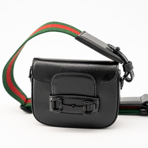 Gucci Horsebit 1955 Bag Flap Closure Crossbody Mini Black Leather Strap Chain - Picture 1 of 8